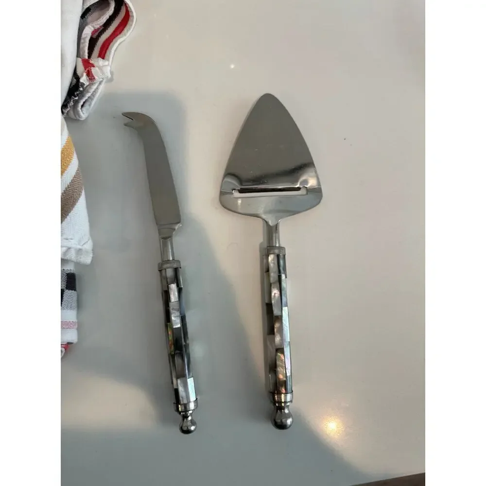 Vintage 2Pc Cheese Serving Set Knife Abalone Shell Handles